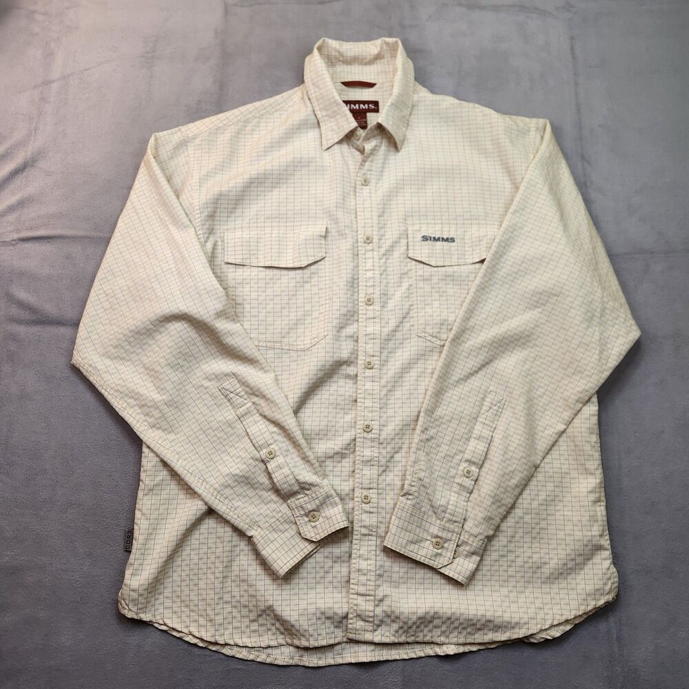 Simms Fishing Shirt Men's L Beige Long Sleeve Plaid Pockets Button Down Nylon
